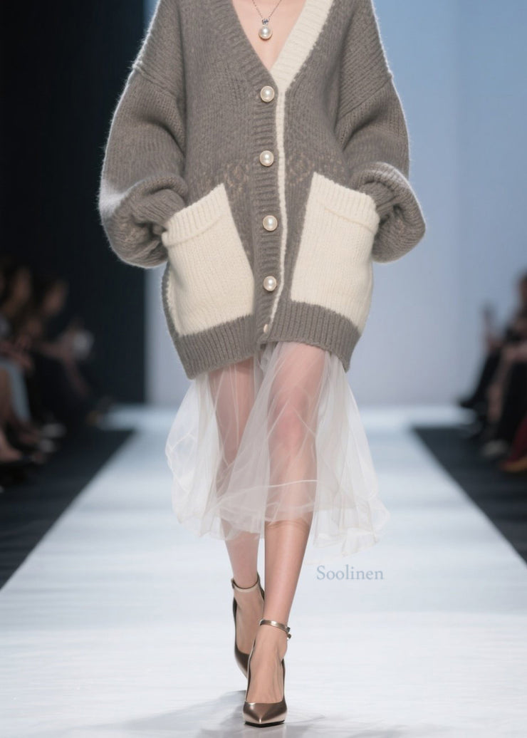 Classy Grey Pockets Tulle Patchwork Knit Cardigan Fall