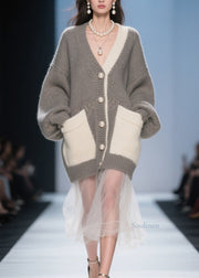 Classy Grey Pockets Tulle Patchwork Knit Cardigan Fall