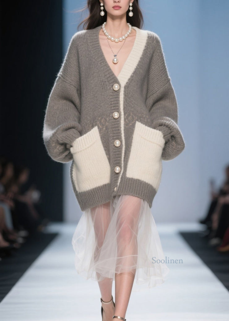 Classy Grey Pockets Tulle Patchwork Knit Cardigan Fall
