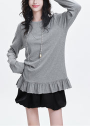 Classy Grey Ruffled Patchwork Cotton Shirt Spring