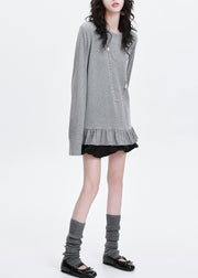 Classy Grey Ruffled Patchwork Cotton Shirt Spring