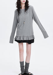Classy Grey Ruffled Patchwork Cotton Shirt Spring