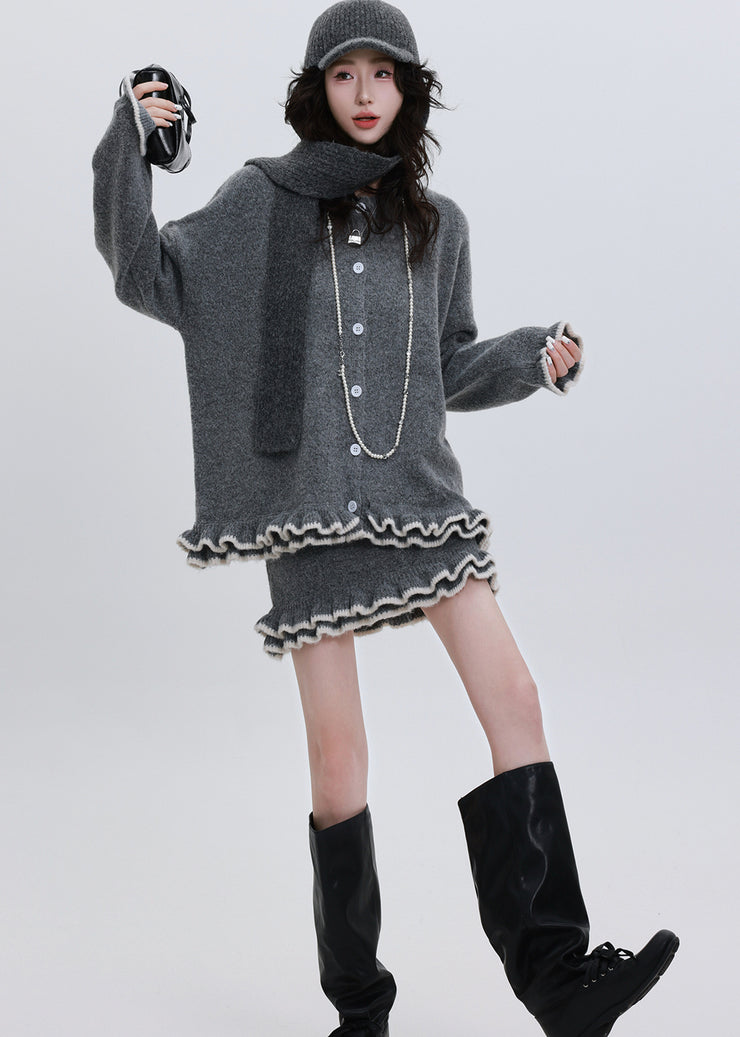 Classy Grey Ruffled Warm Knit Cardigan Two Piece Set Outfits Winter