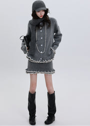 Classy Grey Ruffled Warm Knit Cardigan Two Piece Set Outfits Winter