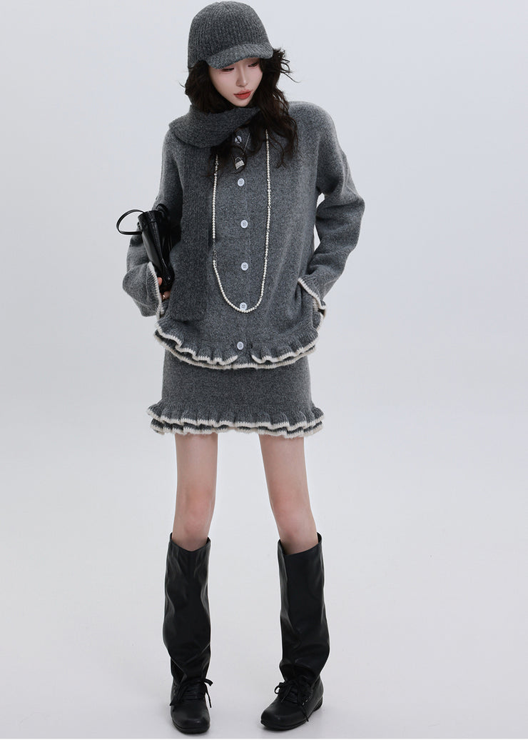 Classy Grey Ruffled Warm Knit Cardigan Two Piece Set Outfits Winter