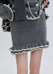 Classy Grey Ruffled Warm Knit Cardigan Two Piece Set Outfits Winter