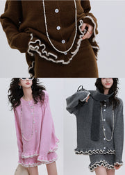 Classy Grey Ruffled Warm Knit Cardigan Two Piece Set Outfits Winter