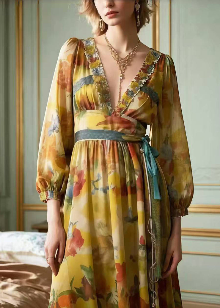 Classy Khaki Cinched Print Chiffon Party Dress Spring