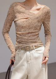 Classy Khaki Cold Shoulder Print Cotton Top Spring