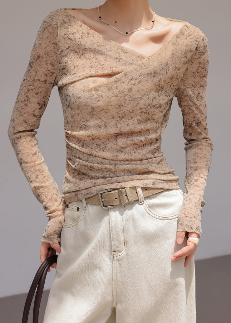 Classy Khaki Cold Shoulder Print Cotton Top Spring