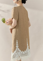 Classy Khaki O-Neck Lace Patchwork Mid Dresses Summer