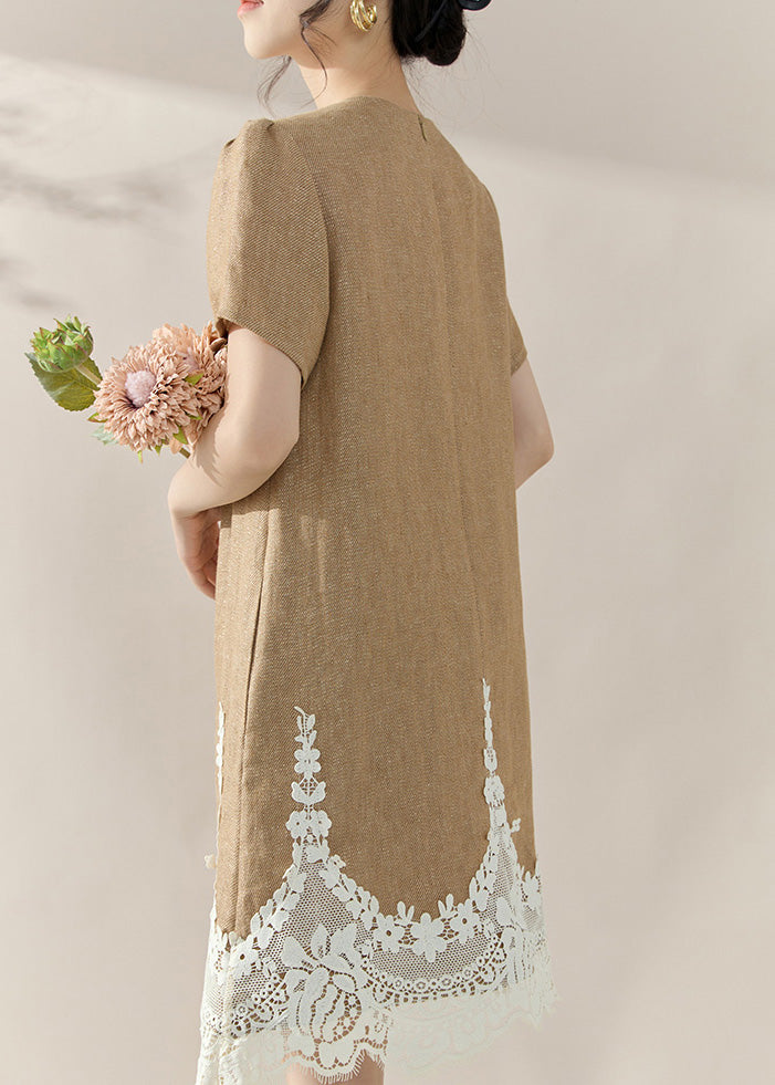 Classy Khaki O-Neck Lace Patchwork Mid Dresses Summer