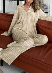 Classy Khaki Oversized Plaid Cotton Pajama Sets Fall