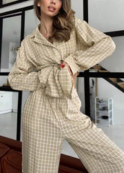Classy Khaki Oversized Plaid Cotton Pajama Sets Fall