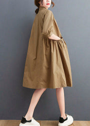 Classy Khaki Peter Pan Collar Pockets Cotton Dress Half Sleeve
