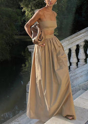 Classy Khaki Silm Fit Bustier Top And Skirts Two Pieces Set Summer