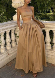 Classy Khaki Silm Fit Bustier Top And Skirts Two Pieces Set Summer