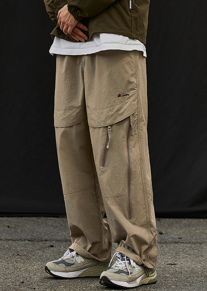 Classy Khaki Zip Up Elastic Waist Patchwork Cotton Men Beam Pants Spring