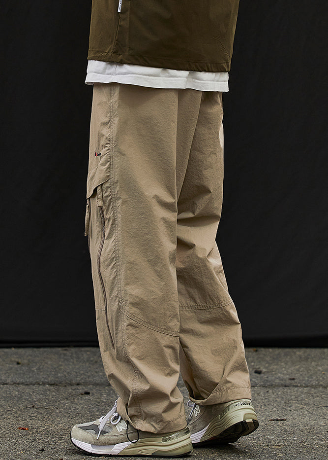 Classy Khaki Zip Up Elastic Waist Patchwork Cotton Men Beam Pants Spring