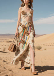Classy Knitted Flower Hollow Out Side Open Cotton Cami Dress Summer