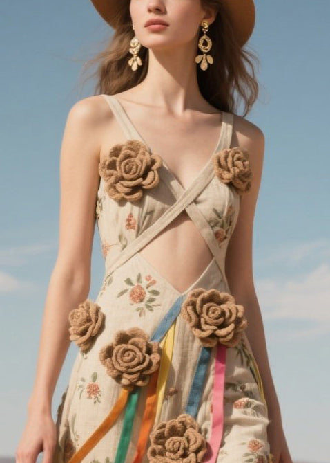 Classy Knitted Flower Hollow Out Side Open Cotton Cami Dress Summer