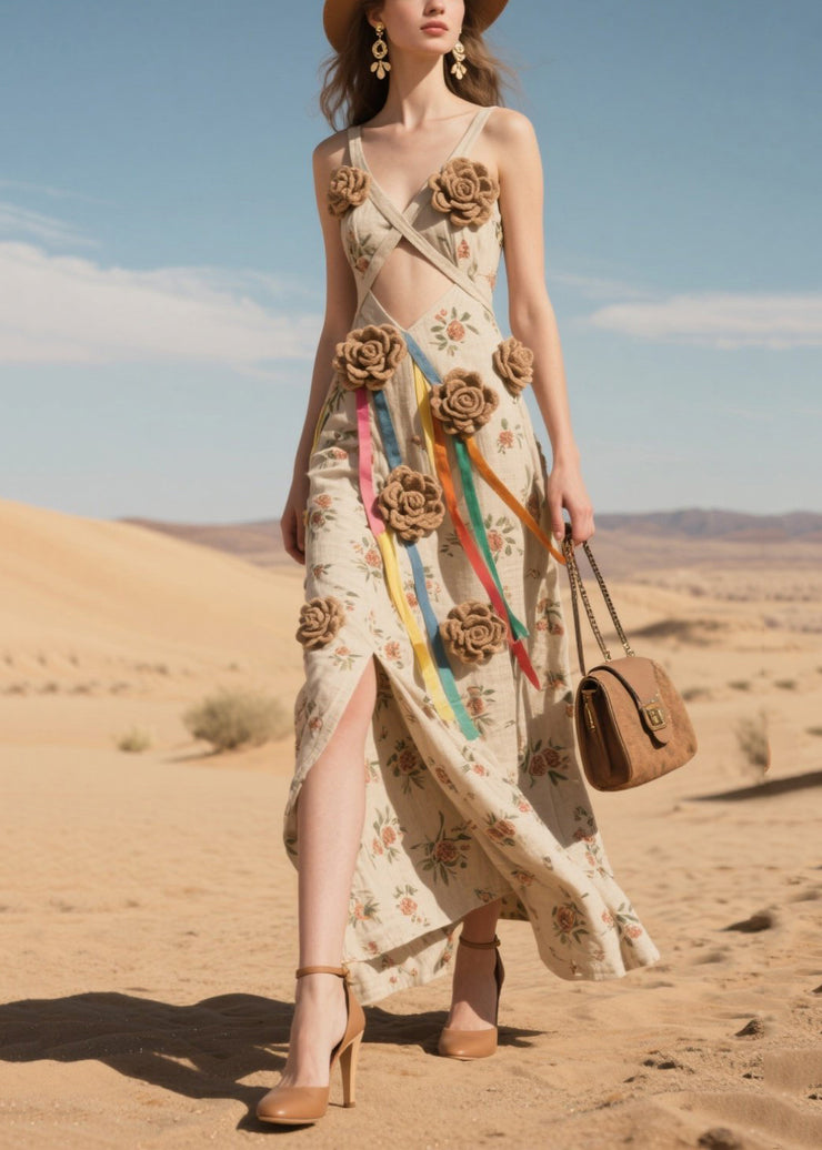 Classy Knitted Flower Hollow Out Side Open Cotton Cami Dress Summer