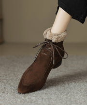 Classy Lace Up Splicing Chunky Boots Brown Suede Fuzzy Wool Lined