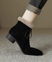 Classy Lace Up Splicing Chunky Boots Brown Suede Fuzzy Wool Lined