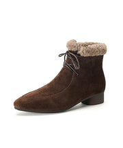 Classy Lace Up Splicing Chunky Boots Brown Suede Fuzzy Wool Lined