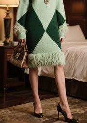 Classy Lake Green Turtle Neck Patchwork Faux Fur Knitted Dress Winter