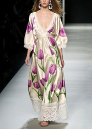 Classy Lavender Floral Patchwork Lace Silk Maxi Dress Summer