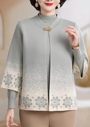 Classy Light Grey Print Cotton Knit Coats And Sweater Two Pieces Set Three Quarter Sleeve