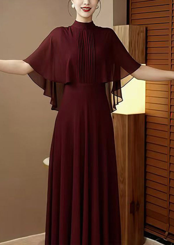 Classy Mulberry Patchwork Chiffon Dress Batwing Sleeve