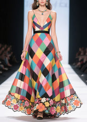 Classy Multicolour Plaid Patchwork Flower Silk Long Dress Summer