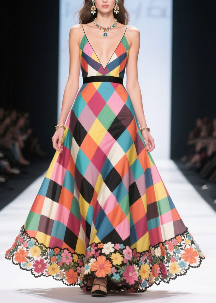 Classy Multicolour Plaid Patchwork Flower Silk Long Dress Summer