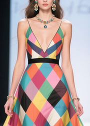 Classy Multicolour Plaid Patchwork Flower Silk Long Dress Summer