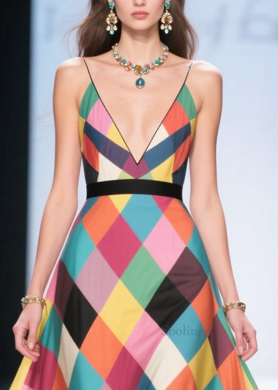 Classy Multicolour Plaid Patchwork Flower Silk Long Dress Summer