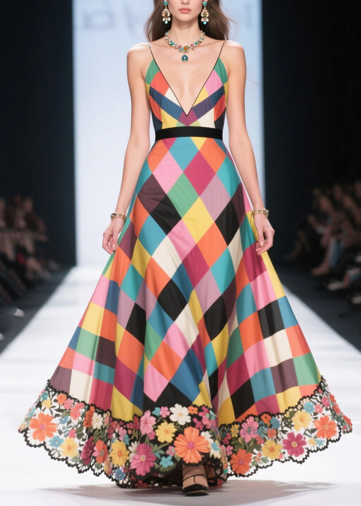 Classy Multicolour Plaid Patchwork Flower Silk Long Dress Summer