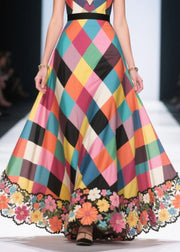 Classy Multicolour Plaid Patchwork Flower Silk Long Dress Summer