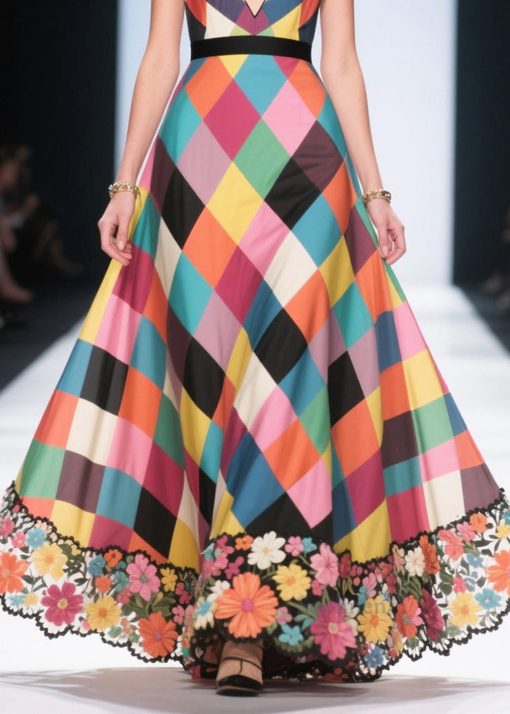 Classy Multicolour Plaid Patchwork Flower Silk Long Dress Summer
