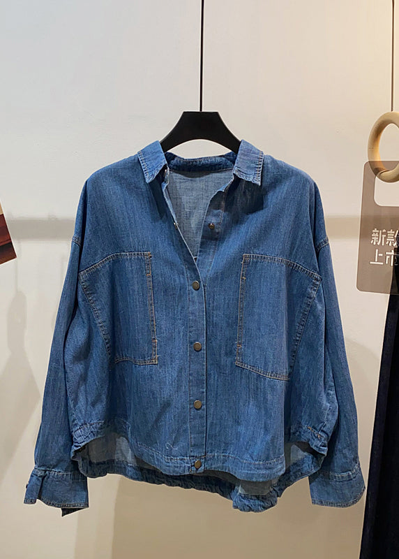 Classy Navy Oversized Pockets Denim Coats Summer
