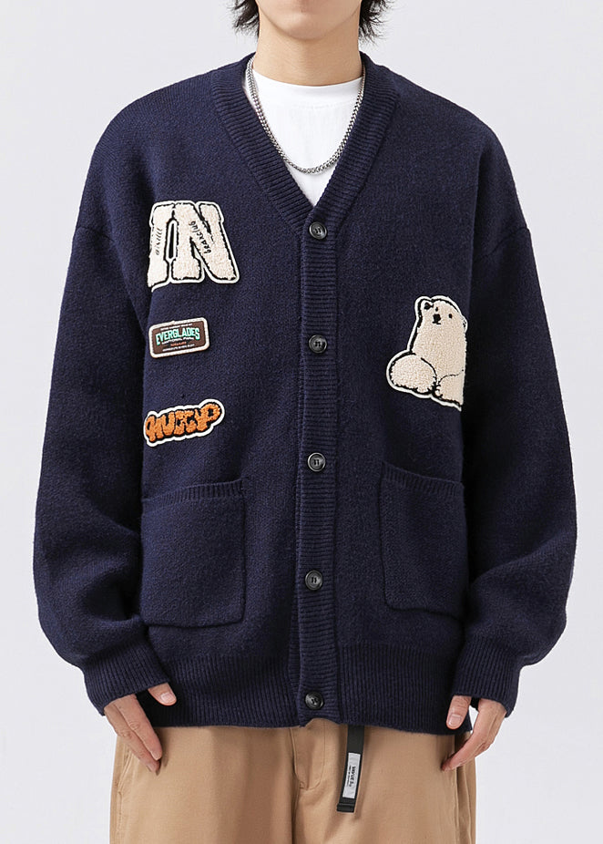Classy Navy V Neck Pockets Applique Knit Mens Coats Spring