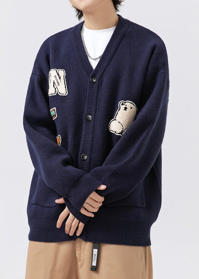 Classy Navy V Neck Pockets Applique Knit Mens Coats Spring