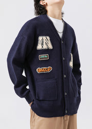 Classy Navy V Neck Pockets Applique Knit Mens Coats Spring