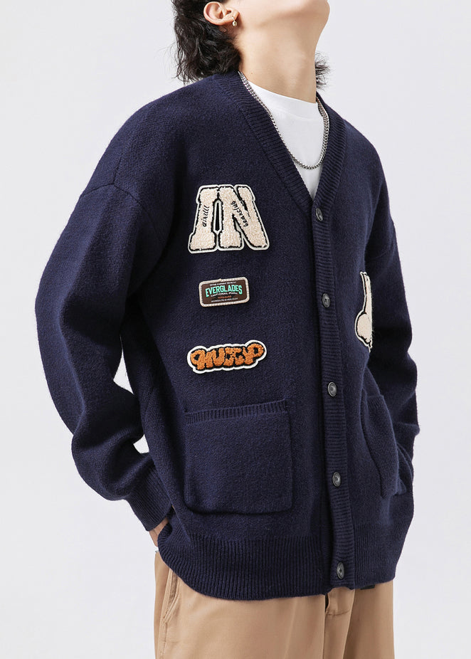 Classy Navy V Neck Pockets Applique Knit Mens Coats Spring