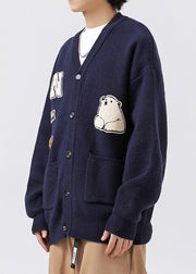 Classy Navy V Neck Pockets Applique Knit Mens Coats Spring