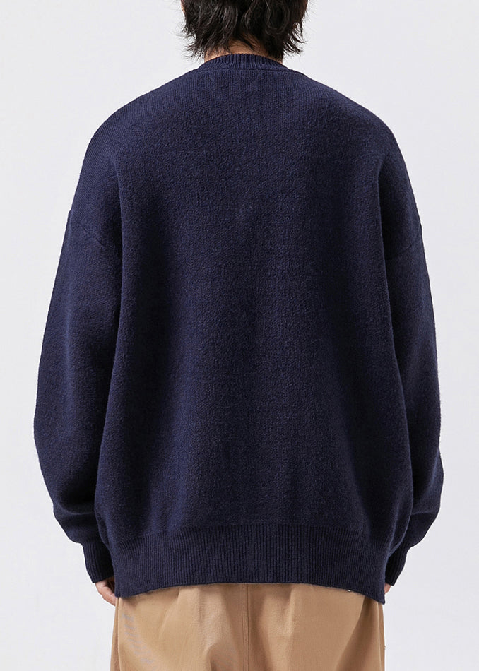 Classy Navy V Neck Pockets Applique Knit Mens Coats Spring