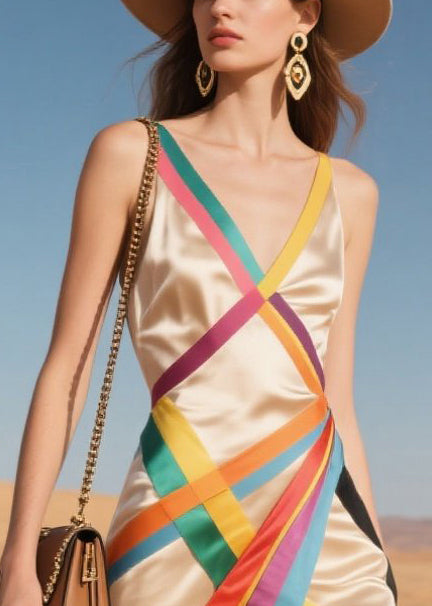 Classy Nude Asymmetrical Patchwork Multicolour Ribbon Silk Sundress Summer