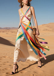 Classy Nude Asymmetrical Patchwork Multicolour Ribbon Silk Sundress Summer