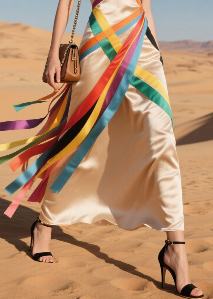 Classy Nude Asymmetrical Patchwork Multicolour Ribbon Silk Sundress Summer